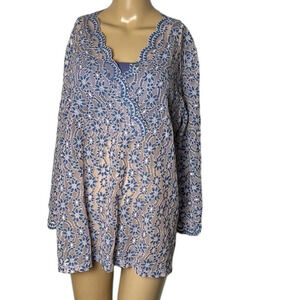 Suzanne Betro top, beach cover, 2X see thru lace top,floral,bell,scalloped hem